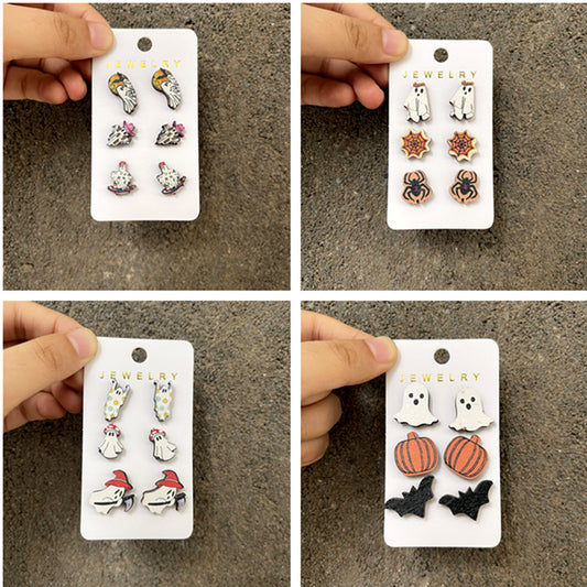 Halloween Women Wooden Earrings Set with Pumpkins Bats Ghosts