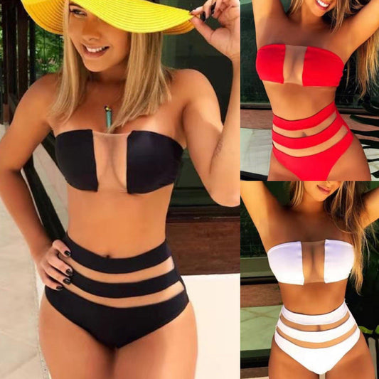 Summer Women Sexy Solid Color Mesh Swimsuit Set