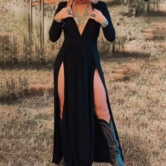 Women Fashion Sexy Solid Color V-Neck Long-Sleeve Dress