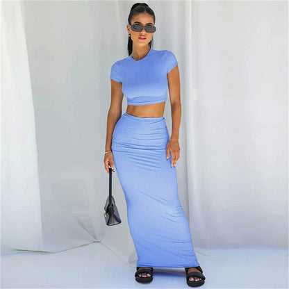 Women Fashion Solid Color Short Sleeve Top And Skirt Set