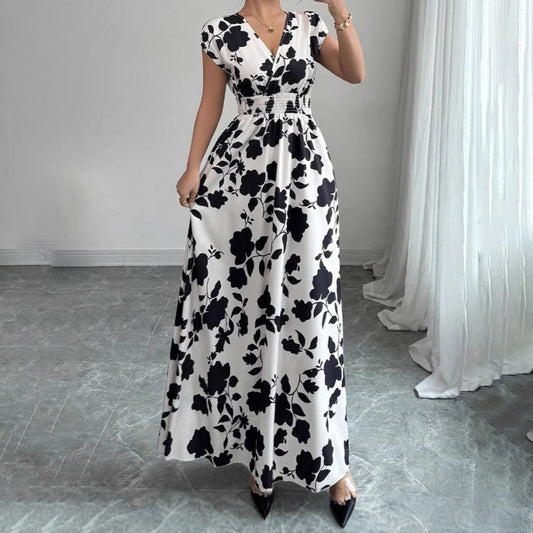 Women Fashion Elegant Floral Printed V-Neck Dress