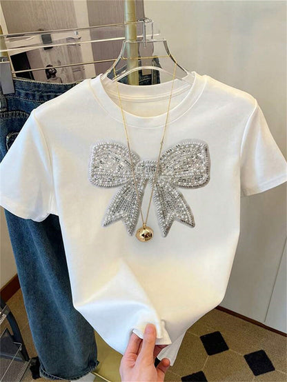 Camiseta informal holgada de cuello redondo con estampado de lazo para mujer de verano