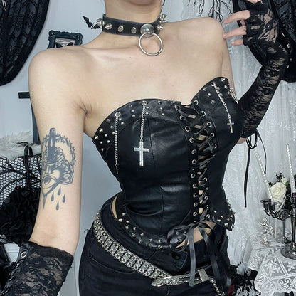 Top de tubo de poliuretano con remaches, sin tirantes, estilo gótico punk oscuro