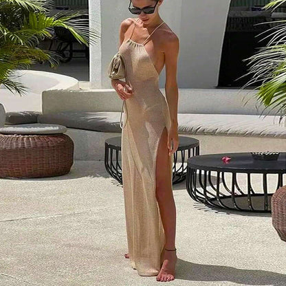 Women Fashion Sexy Solid Color Knitted Halter Dress