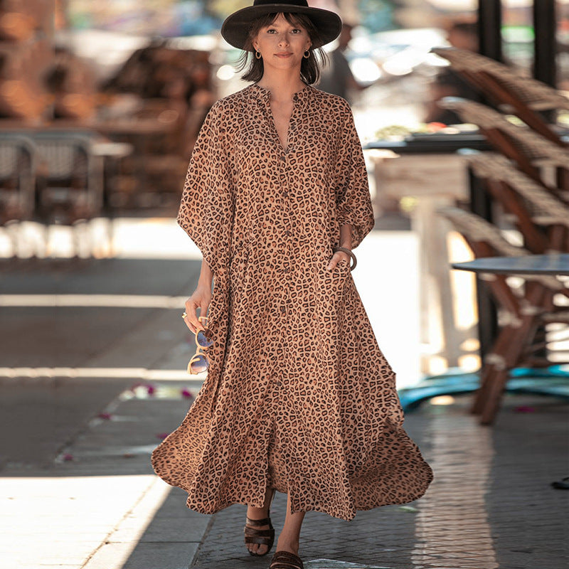 Women Fashion Summer Vacation Boho Style Leopard V Neck Loose Maxi Dress