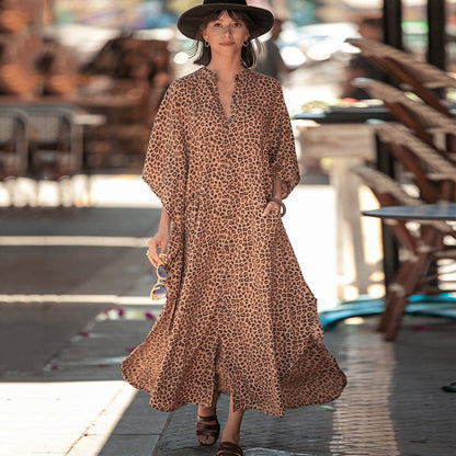 Women Fashion Summer Vacation Boho Style Leopard V Neck Loose Maxi Dress