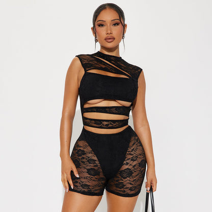 Women Fashion Sleeveless Lace Stitching Jumpsuit - High Waist Bodycon
