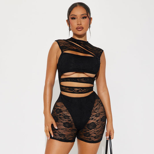 Women Fashion Sleeveless Lace Stitching Jumpsuit - High Waist Bodycon