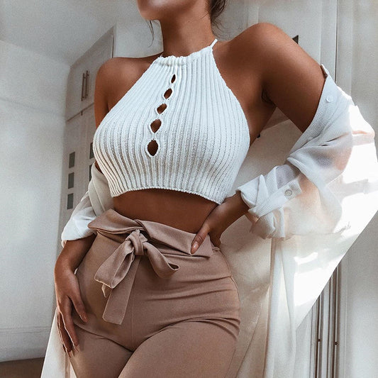 Women Fashion Solid Color Hollow Neck Top