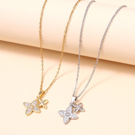 Women Fashion Double Four Leaf Flower Necklace