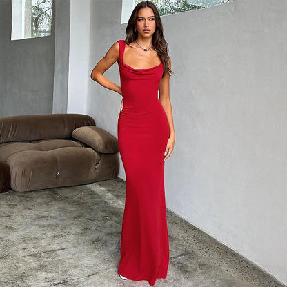 Women Sleeveless Backless Slim-Fit Dress Solid Color Party Evening