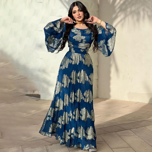 Women Fashion Printed Chiffon Round-Neck Dress with Bubble Sleeves