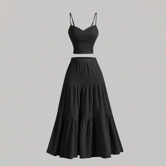Women Fashion Casual Solid Color Camisole Top Loose Skirts Two-Piece Set