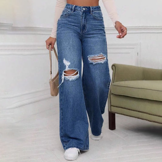 Women Casual Ripped Mid-Waist Wide Leg Jeans