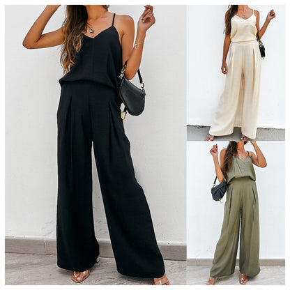Women Casual Solid Color Sling Top and Pants Set