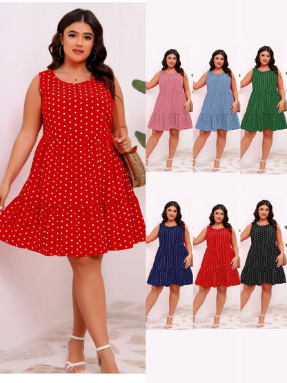 Women Casual Plus Size Dot Print Sleeveless Dress