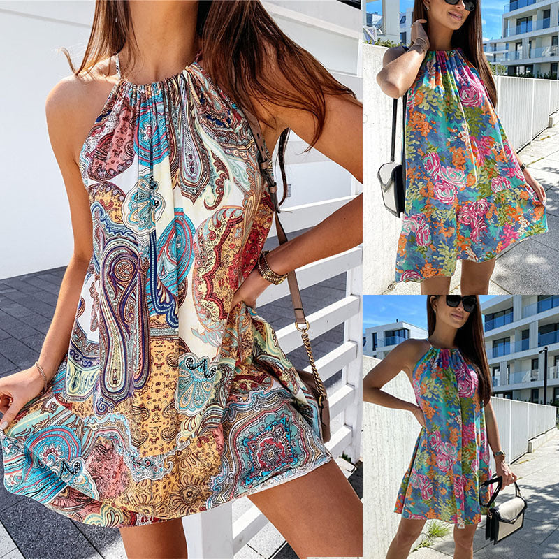 Women Casual Summer Vacation Boho Paisley Floral Print Halter Dress