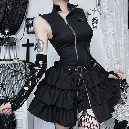 Robe gothique sans manches zippée de couleur unie pour femme