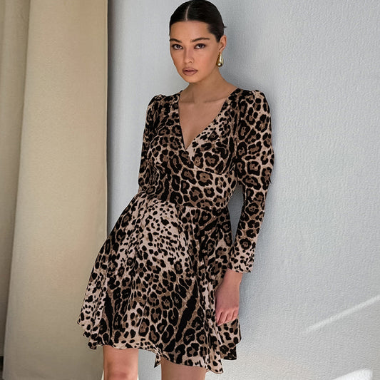 Vestido de manga larga con estampado de leopardo para mujer