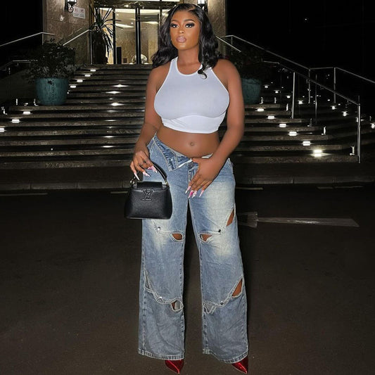 Women Street Fashion Cutout Jeans Light Blue High Waist