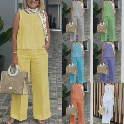 Women Summer Cotton Linen Sleeveless Plus Size Set