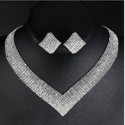 Women Fashion Elegant Rhinestone Earrings Necklace Set