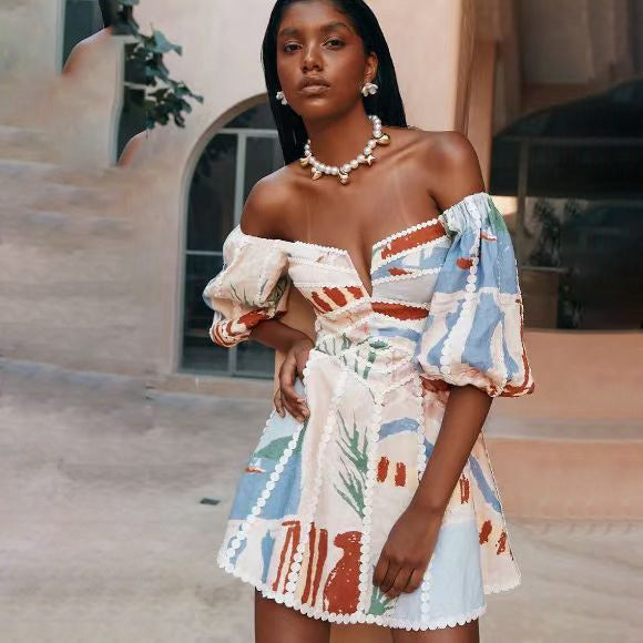 Robe sexy à épaules dénudées imprimée pour femme