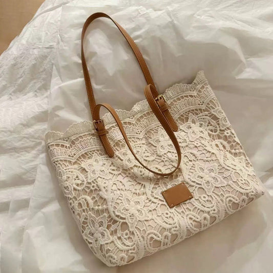 Women Casual Boho Large Capacity Lace Woven Tote Bag