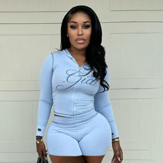 Women Casual Printed Slim-Fit Hoodie and Shorts Set