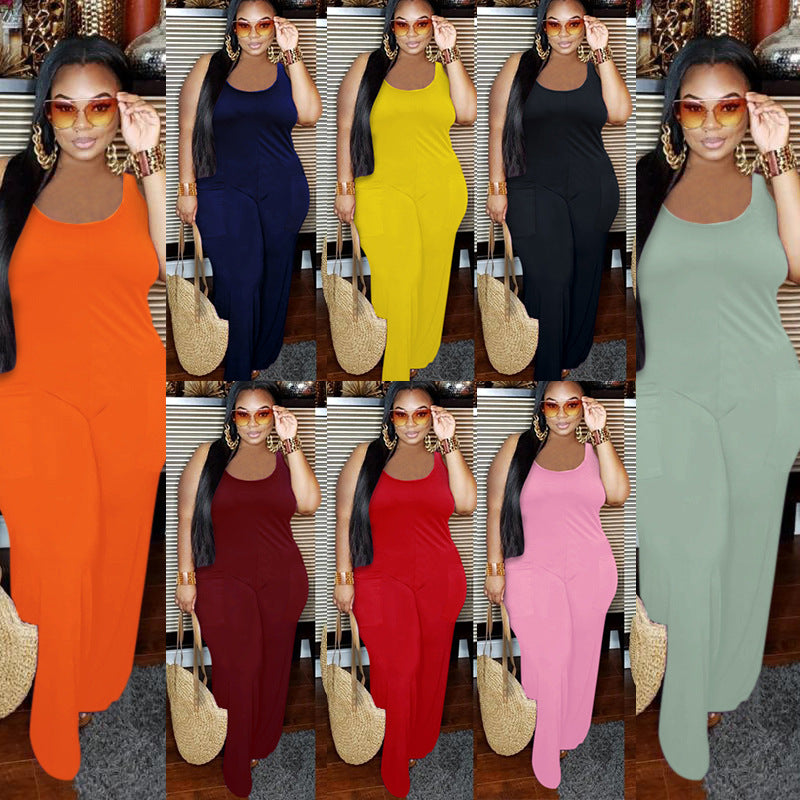 Women Plus Size Solid Color Sleeveless Jumpsuit