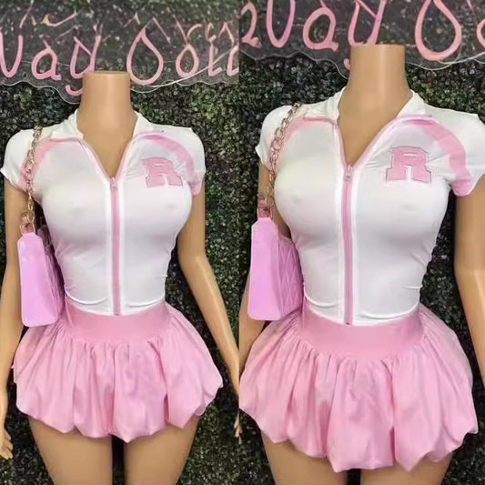 Women Casual Short Sleeve Zipper T-Shirt and Tutu Skirt Set