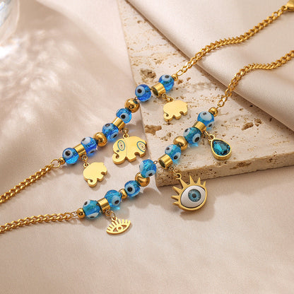 Pulsera con colgante de elefante y cuentas de ojo malvado para mujer