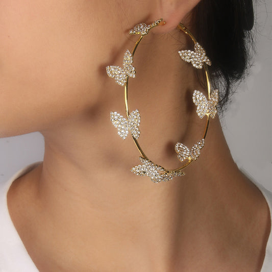 Fashion Exaggerated Rhinestone Butterfly Hoop Earrings in Gold