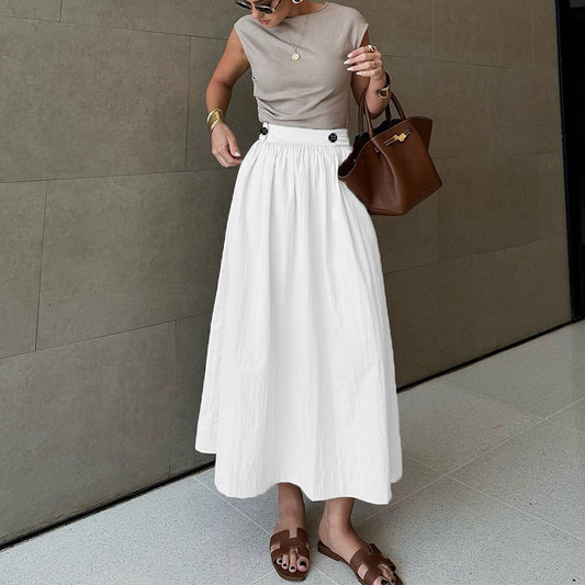 Falda midi informal de lino y algodón de color liso para mujer