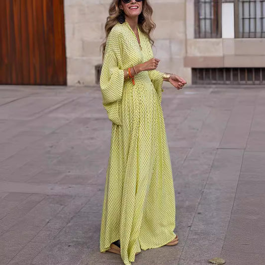 Vestido informal de cuello en V con cuadrícula de color liso a la moda para mujer