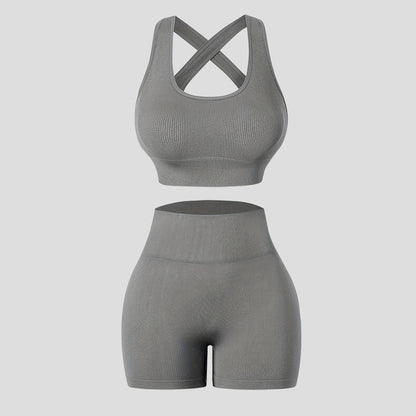 Women Yoga Solid Vest And Shorts Two-Piece Set
