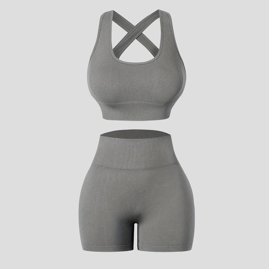 Women Yoga Solid Vest And Shorts Two-Piece Set
