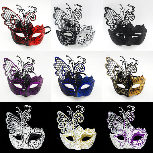 Máscara de metal divertida de encaje de moda con mariposa de hierro dorada y rosa para hombres y mujeres