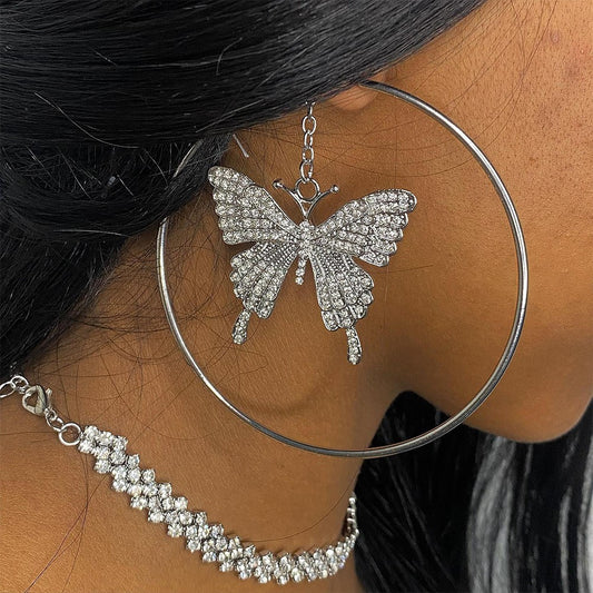 Boucles d'oreilles créoles papillon en strass à la mode exagérée