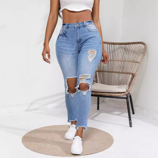Jean extensible déchiré à taille haute pour femme