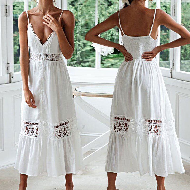Women's Fashion Boho Solid Color Hollow Slip Dress
