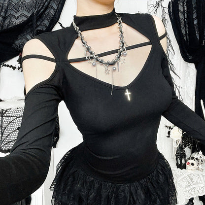 Women Fashion Sexy Gothic Hollow-Out Long-Sleeve T-Shirt