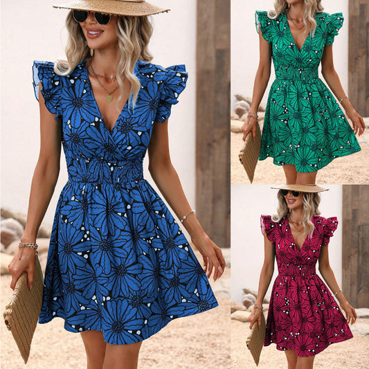 Robe fleurie à col en V pour femme, idéale pour les vacances d'été