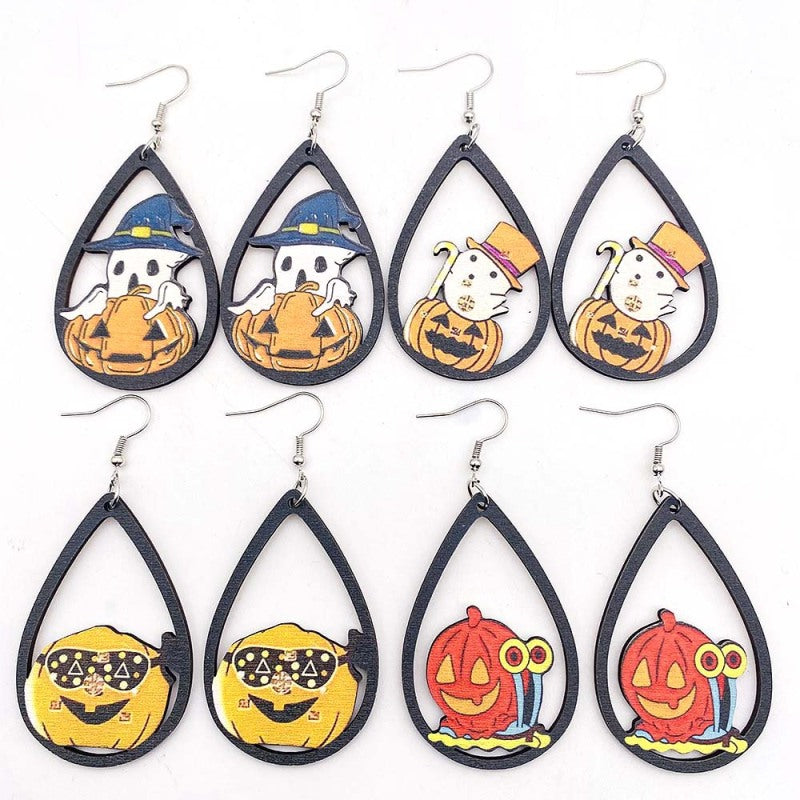 Halloween Women Funny Pumpkin Wizard Wooden Earrings