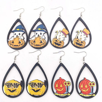 Halloween Women Funny Pumpkin Wizard Wooden Earrings