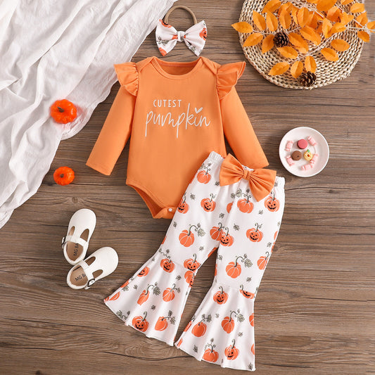 Kids Baby Girls Casual Pumpkin Print Long Sleeve Romper Set