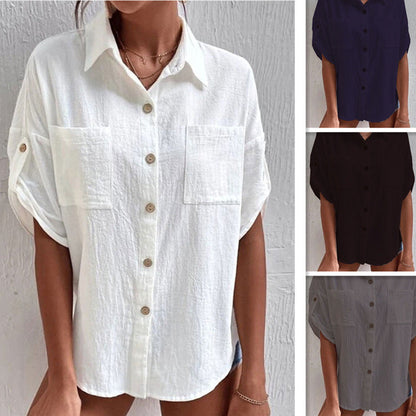 Blusas de lino y algodón de color liso a la moda para mujer