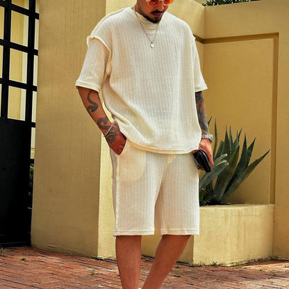 Conjunto de camiseta y pantalones cortos de manga corta de mezcla de algodón para hombre, estilo informal y vacacional