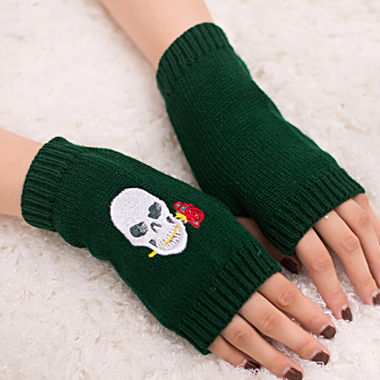 Halloween Autumn Winter Wool Embroidered Skull Gloves