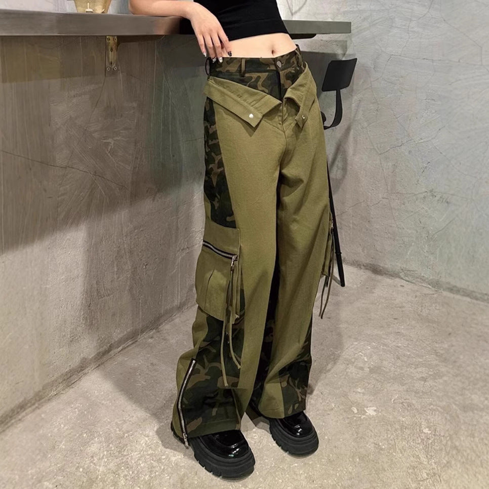 Women Fashion Retro High Waist Camouflage Stitched Jeans